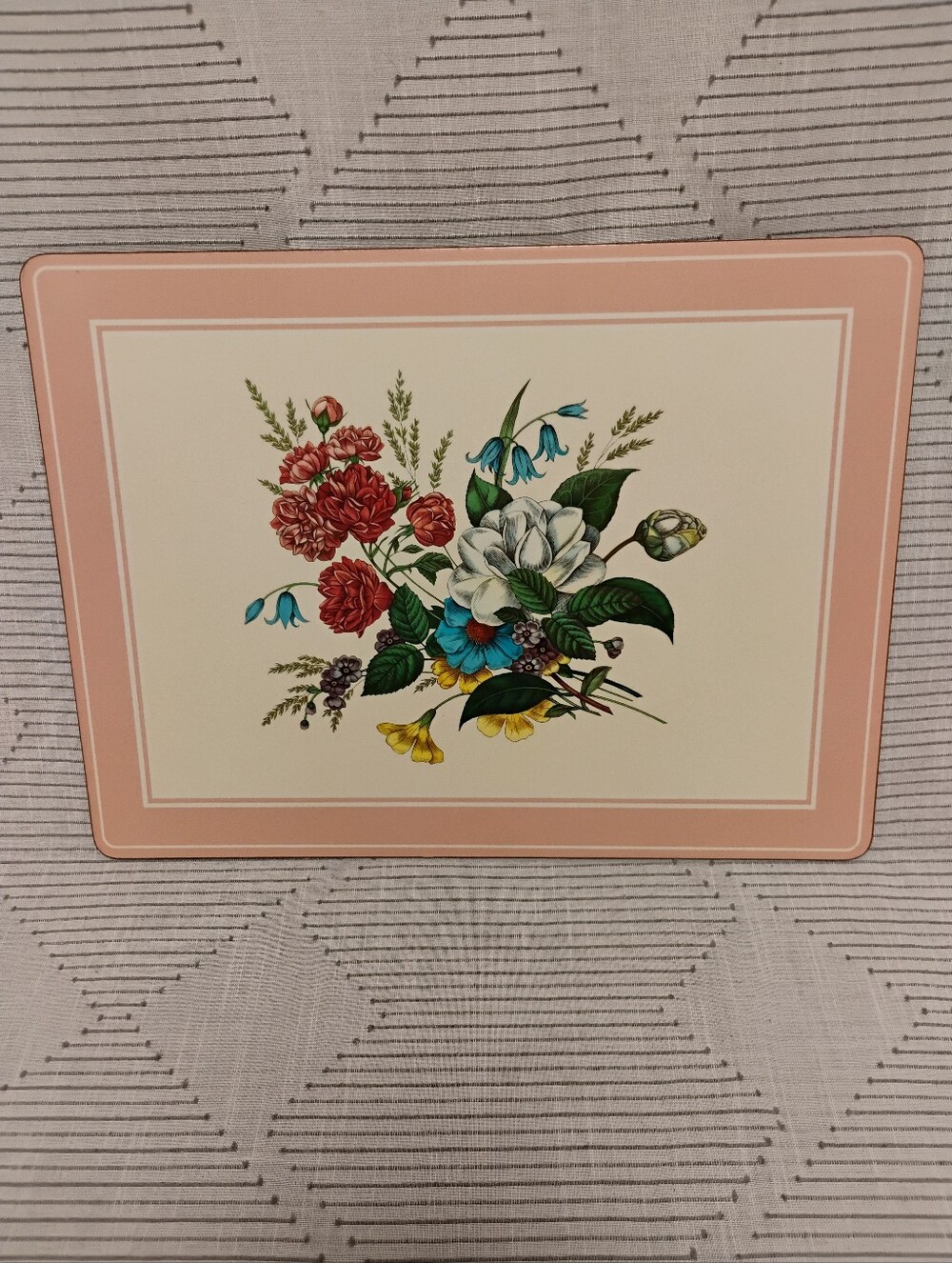 Vintage Pimpernel Cork Back Rectangular Placement Pink Border Central Floral